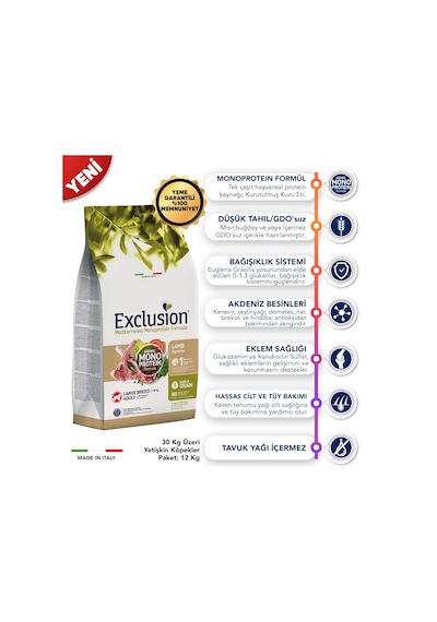 Exclusion Monoprotein Düşük Tahıllı Kuzu Etli ve Narlı Büyük Irk Yetişkin Köpek Maması 12 KG