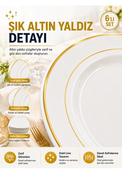 6'lı Altın Yaldızlı Plastik Tabak 26 Cm Porselen Görünümlü Kullan At Parti Davet Servis Tabağı