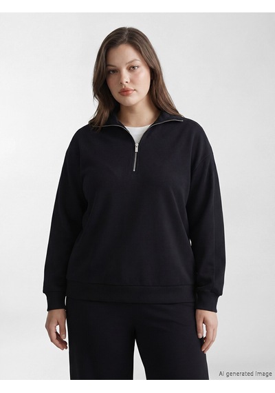 Lcw Comfort Siyah Dik Yaka Kadın Fermuarlı Sweatshirt