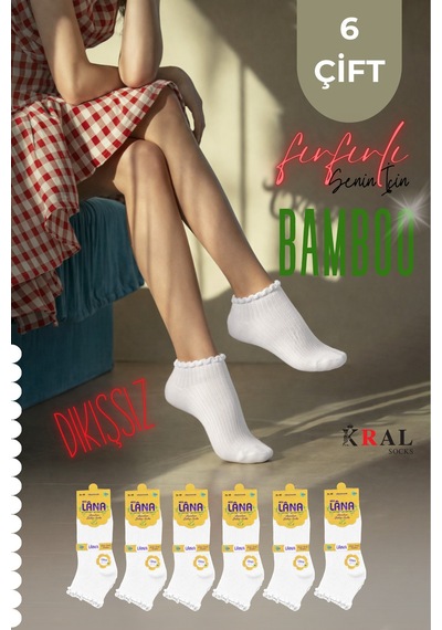 Kral Socks Kadın Bambu Çorap 6 Çift Fırfırlı Patik Kadın Çorap
