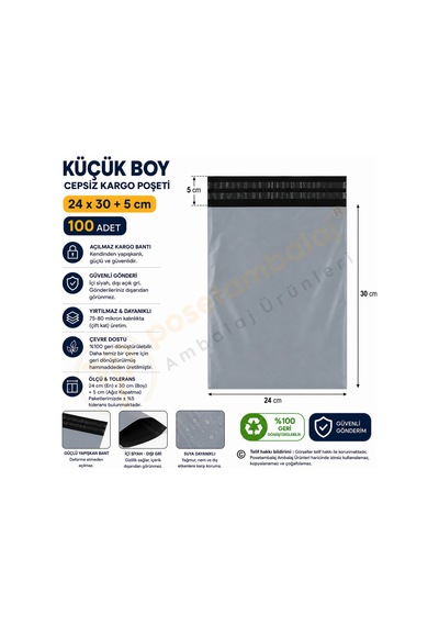 24x30+5 Cm 24x35 Cepsiz Kargo Poşeti 100 Adet