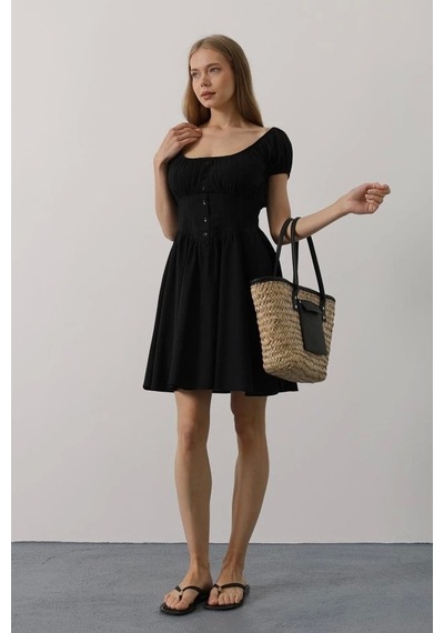 Defymoda Beli Korseli Mini Elbise - Siyah Siyah
