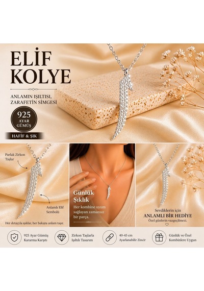 Elif Harfi Zirkon Taşlı 925 Ayar Gümüş Kadın Kolye Gümüş - Rodyum