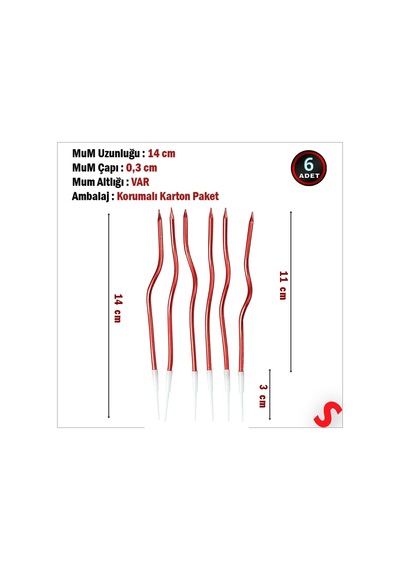 Kırmızı Metalik Krom Renkli Spiral Pasta Mumu 14 Cm - 6 Adet