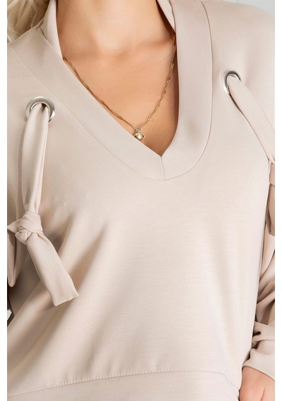 Kadın Modal Cupra Kumaş Kuşgözü Kordonlu Sweatshirt Bej
