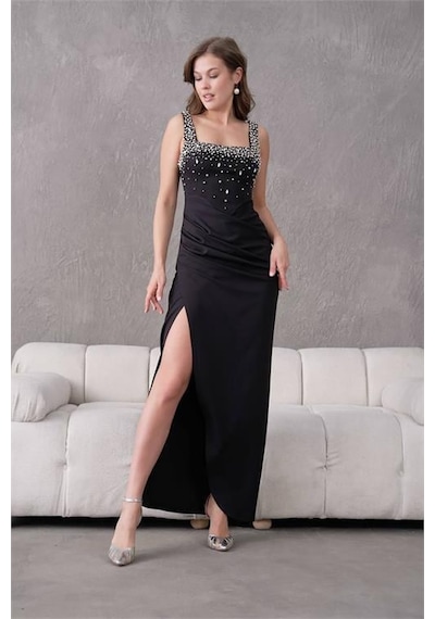 Dip Moda Dipmoda Kadın Taş Detaylı Askılı Uzun Abiye Elbise Dpnbs9367 Siyah