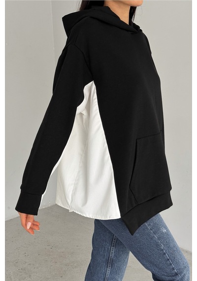 Femelle Kadın Siyah Standart Beden Oversize Kalıp Cepli Tasarım Sweatshirt