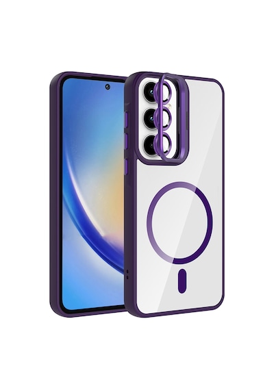 Zore Galaxy Uyumlu A35 Kılıf Standlı Ve Kamera Lens Hediyeli M-safe Şarj Özellikli Ogaa Etro Kapak - Derin Mor