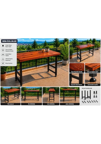 Masif Bar Masası 85 Cm Yüksek Metal Profil Ayaklı Mutfak Yemek Kafe Bistro Çalışma