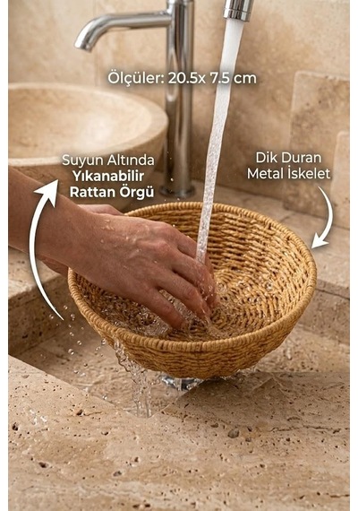 Yıkanabilir Rattan Yuvarlak Ekmek Sepeti 20.5 Cm - Metal İskeletli Hasır Banyo Ve Mutfak Sepeti Kahverengi