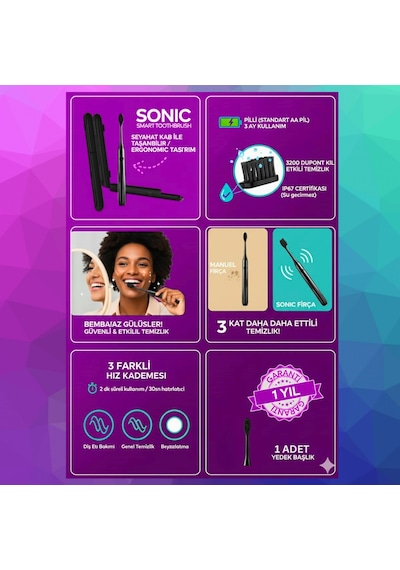 Sonic Smart Diş Fırçası Ve 1 Adet Yedek Başlık Siyah