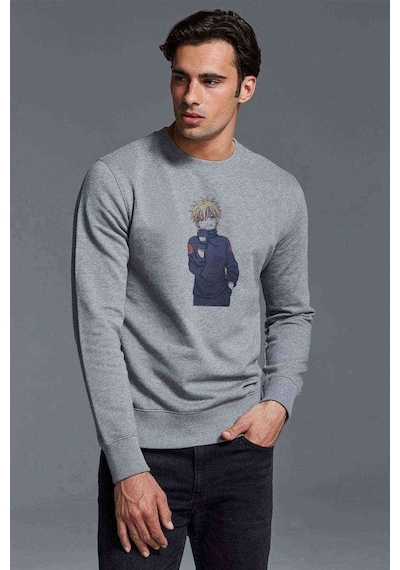 Anime Naruto Slugfest Baskılı Gri Erkek Örme Sweatshirt
