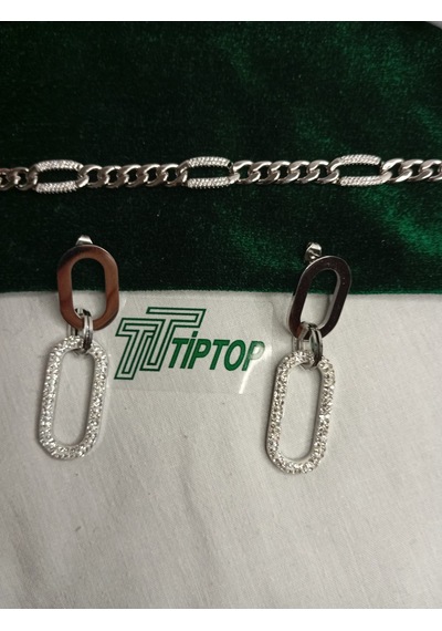 Tiptop/ Gümüş Renk Zirkon Taşlı Sallantılı Model Çelik Küpe -zincir Model Zirkon Taşlı Bileklik Gümüş