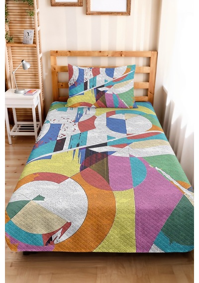 Geometrik Renkli Genç Odası Tek Kişilik Pike Takımı - Soyut Turkuaz Mor 160x220 Cm Yatak Örtüsü Kırsal Kireç Serinliği