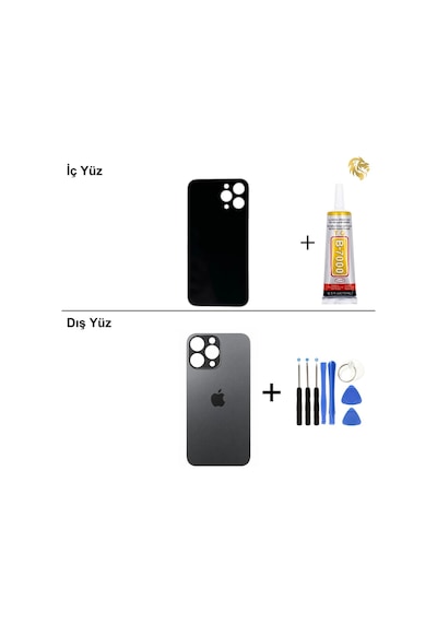 Apple Uyumlu iPhone 14 Pro Max Siyah Arka Kapak Arka Cam Batarya Kapağı Lazer Kesim Kapak Pil Kapağı + B-7000 Yapıştırıcı + Tamir Seti