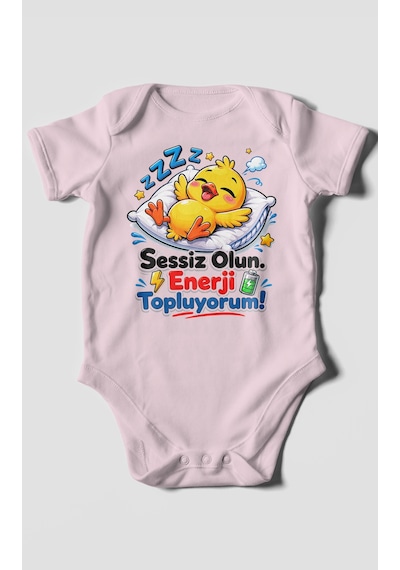 Morivokids Sessiz Olun, Enerji Topluyorum Kısa Kollu Bebek Body %100 Pamuk Bebe Pembe