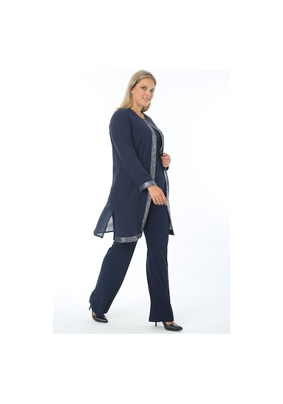 Ladies First Büyük Beden 3552 Lacivert Ceket+Bluz+Pantolon Üçlü Takım Gümüş - Lacivert
