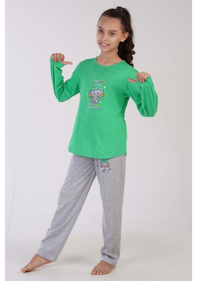 Kız Çocuk Uzun Kol Yeşil Pijama Takımı C3t0n7o122 001