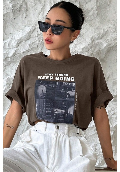 Unisex Keepgoing Baskılı Tasarım Tshirt Kahverengi