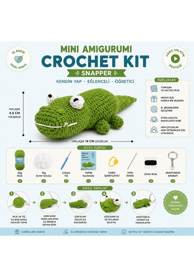 Bakgelal Mini Amigurumi Timsah Yapım Kiti, Anahtarlık Dıy Hobi Seti, Video Anlatımlı