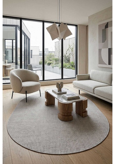 Divan Şönil Pamuklu Tek Renk Desensiz Kilim Oval Halı Hr-5841 Açık Gri