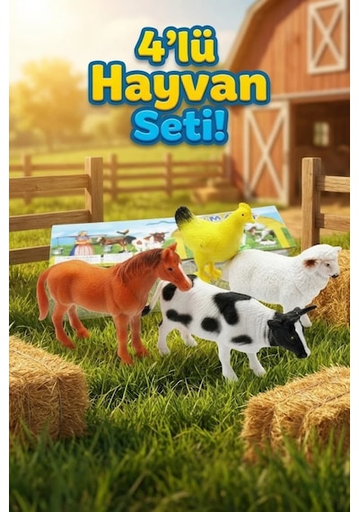 4'lü Eğitici Çiftlik Hayvanları Seti - Gerçekçi Oyuncak Hayvan Figürleri At, İnek, Koyun, Tavuk Hayvanlar