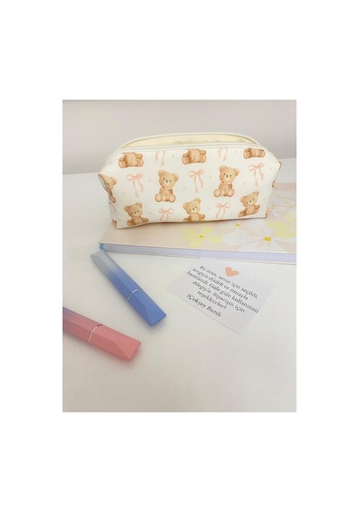 Ayıcık Desenli Kalemlik Pencil Case Teddy Bear Cute Kawaii Kalem Kutusu Soft Pouch Makeup Bag Bej Bej
