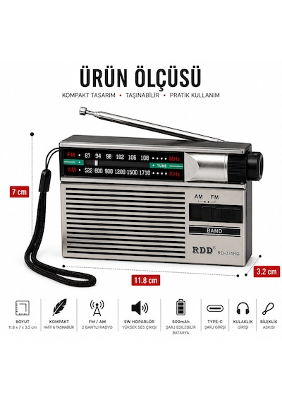 Ultratekno Rd-331rg Şarjlı Cep Radyosu Fm/am 2 Bant Taşınabilir Radyo Type-c Şarjlı 2xaa Pil Destekli Kulaklık Girişli Deprem Acil Durum Radyosu