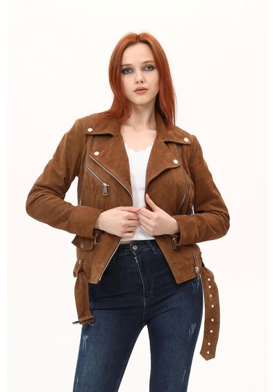 Leatinn Biker Taba Kadın Deri Mont