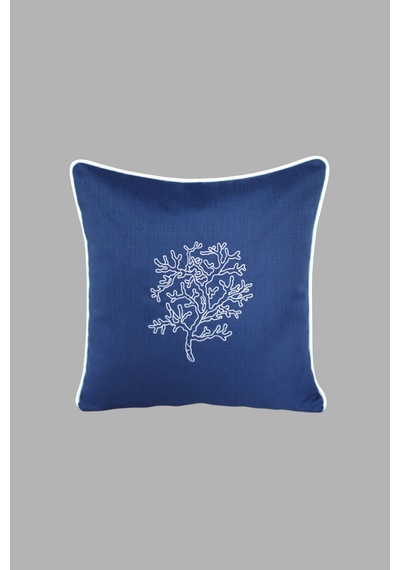 Kırlent Kılıfı 45x45 Marin Nakışlı Yosun Desen Su İtici Outdoor Keten Beyaz Biyeli Tekne Bahçe Lacivert