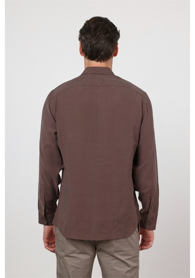 İmza Kahverengi Düğmeli Yaka Uzun Kol Cepsiz Slim Fit Modal Gömlek 1004260162