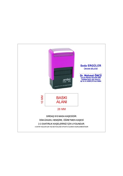 Sırdaş İsim Ünvan Kaşesi 910 Pembe Makina - Mavi Mürekkep