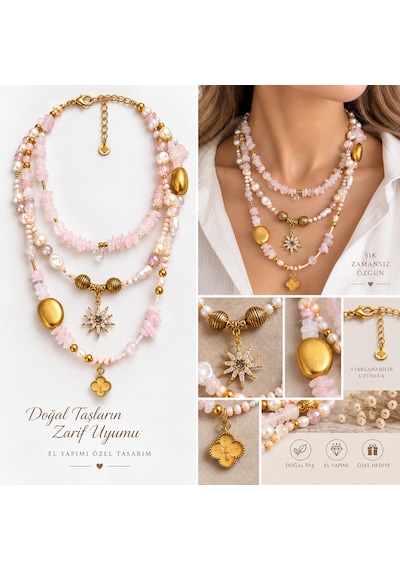 El Yapımı Pembe Doğal Taş Ve İnci Detaylı Çok Katlı Kadın Kolye Gold Charm Tasarım Pembe Altın Rengi El Yapımı Pembe Doğal Taş Ve İnci Detaylı Çok Katlı Kadın Kolye Gold Charm Tasarım Pembe Altın Rengi