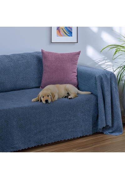 Jakarlı Şönil Koltuk Örtüsü Çekyat Örtüsü Koltuk Şalı 175x350 Kaymaz Gece Mavisi Mavi