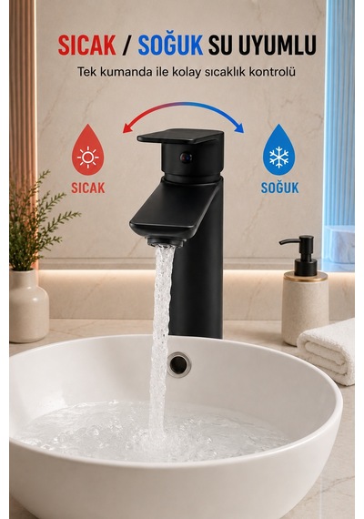 Mat Siyah Çanak Lavabo Bataryası Pirinç Gövde Yüksek Tip Tezgâh Üstü Sıcak Soğuk Banyo Musluğu