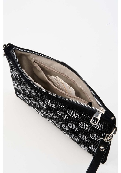 Vivaq Kadın Puantiyeli Gümüş Taşlı Süet Bilek Askılı Ve Zincir Askılı Portföy Ve Clutch Çanta SİYAH