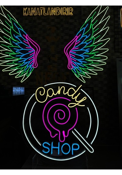 Candy Shop Yazılı Ve Şekilli Neon Tabela Pembe