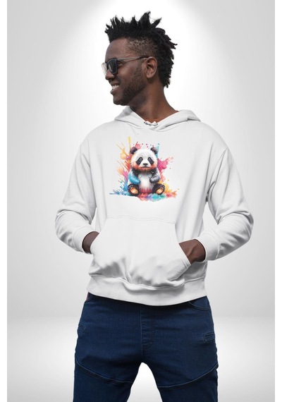 Renkli Yavru Panda Kadın Erkek Beyaz Kapüşonlu Sweatshirt Hoodie Beyaz