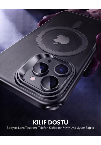 İphone 15 Pro / 15 Pro Max İle Uyumlu Safir Lens Koruyucu Ultra Dayanıklı Kolay Kurulum Aparatlı Parmak İzi Bırakmayan Yansıma Önleyici Kamera Lensi Koruma Siyah Titanyum