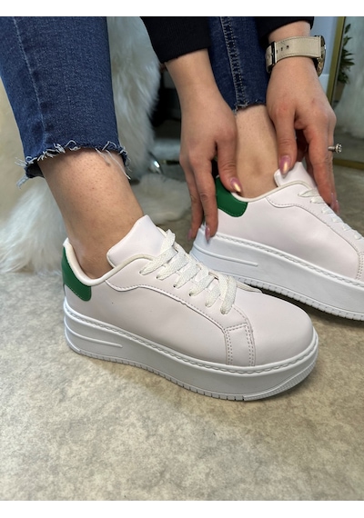 Günlük Kadın Sneaker Bağcıklı Hafif Kalın Yüksek Tabanlı Leopar Detaylı Yürüyüş Spor Ayakkabı 065 Beyaz Yeşil