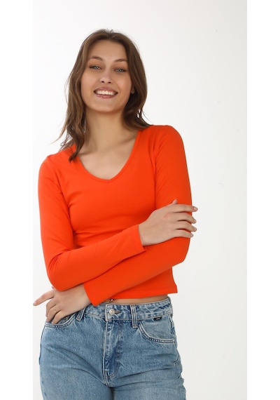 V Yaka Slim Fit Tişört-mercan Mercan