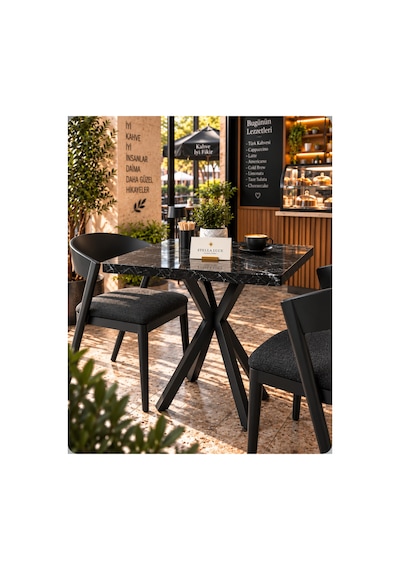 Kalınlaştırmalı Mutfak Cafe Balkon Bahçe Restoran Yemek Masası 70x70 Siyah Siyah Traverten Kare Siyah Mermer - Siyah Siyah Mermer - Siyah