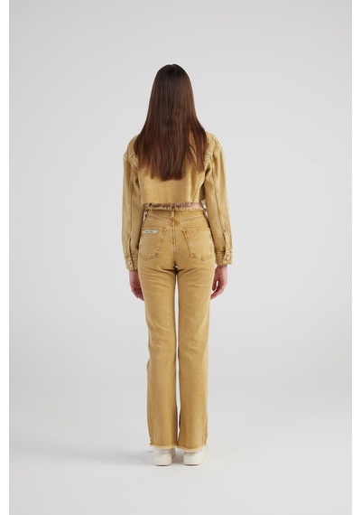 Holly Lolly Mermer Desenli Kırçıl Detaylı Straight Kesim Paça Yırtmaçlı Rusted Jean Pantolon Camel