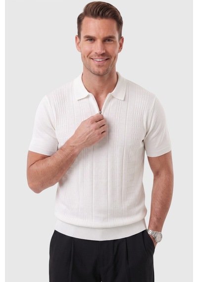 Rizzup Erkek Fermuarlı Beyaz Polo Yaka Triko Tişört Regular Fit Rahat Kesim 2604360