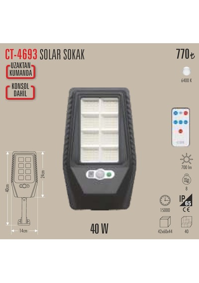 Ct-4693 40w Solar Led Projetör 1 Adet Beyaz Işık