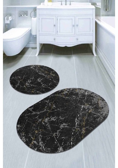 Füme Mermer Görünümlü Oval Banyo Klozet Paspas Seti Bs057n11