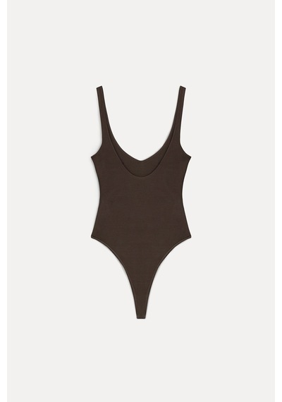Vatkalı V Yaka Bodysuit-20483 Kahverengi