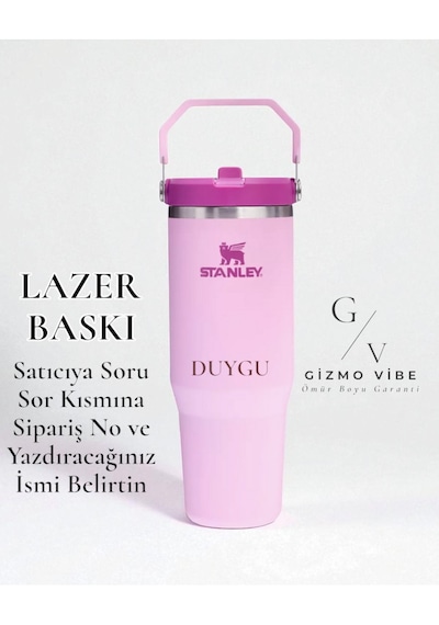 Stanley Kişiye Özel The Iceflow Flip Straw 0.89 L Pipetli Termos Özel İsimli Koyu Pembe