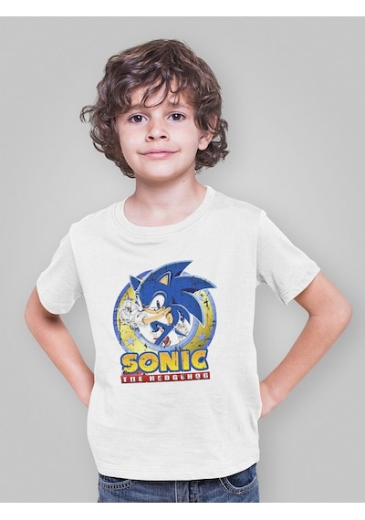 Sevbano Vintage Eskitme Sonic The Hedgehog Baskılı Unisex Çizgi Film Çocu Beyaz
