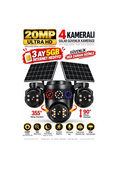 20mp 4 Lensli Solar Güvenlik Kamerası 16x Dijital Zoom Çift Solar Panel Full Hd Gece Görüş Siren Hieasy